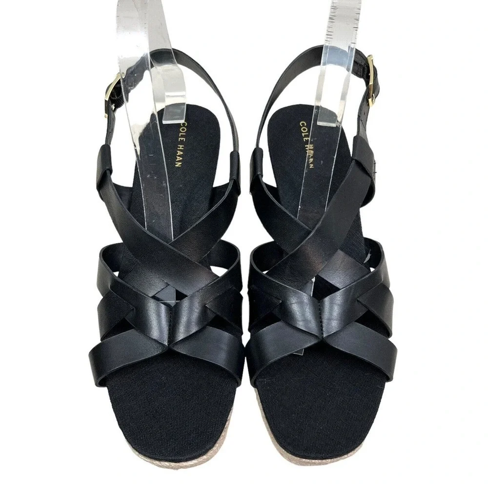 Cole Haan Crystal Sandal Wedge Espadrille Slingback Strappy Black Women Size‎ 9B